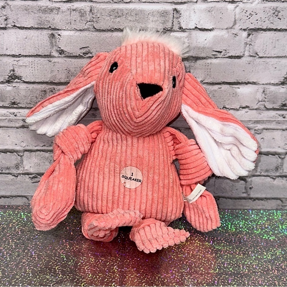 Dog Toy BUNNY Plush Ribbed Knotted Pink White 1 Squeaker 14 Inches NWOT